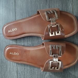 Aldo Brown Slide Sandals with Gold Accents